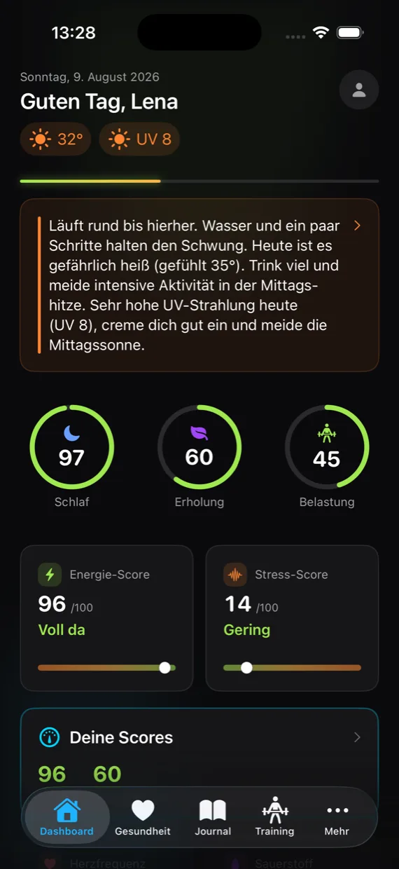 Dashboard mit Begrüßung, Wetter, den drei Ringen für Schlaf, Erholung und Belastung sowie Energie- und Stress-Score.
