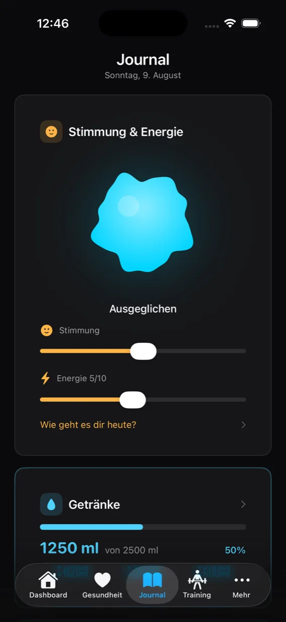 Journal mit Stimmungsblase und Reglern für Stimmung und Energie.