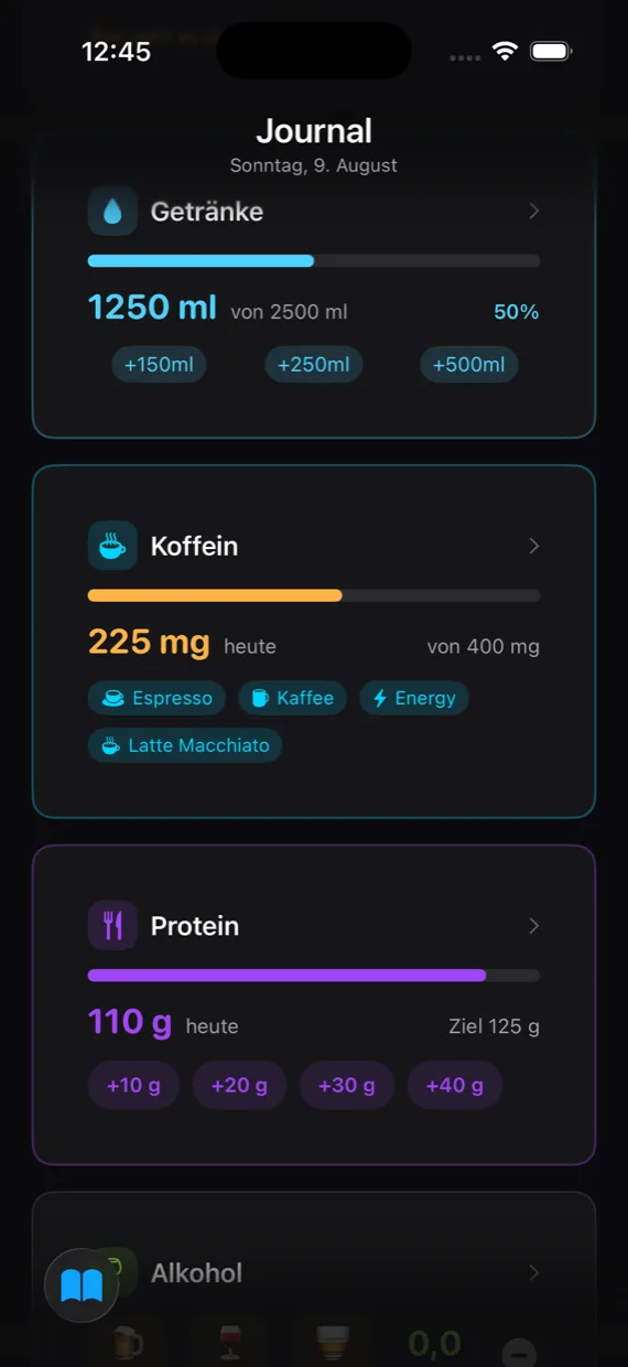 Journal mit Fortschrittsbalken für Getränke, Koffein und Protein samt Schnelleingabe.
