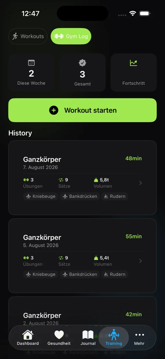 Gym Log mit drei Einheiten samt Dauer und bewegtem Volumen.