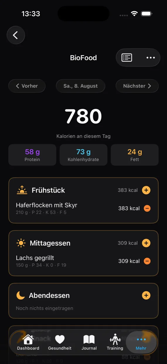 BioFood mit Tageskalorien, Makronährstoffen und den Mahlzeiten des Tages.